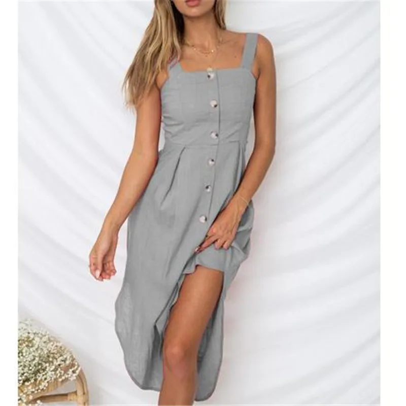 

Summer Women Boho Long Ladies Midi Sleeveless Dresses Evening Party Beach Sundress Button-up Dress Vestidos Verano 2019