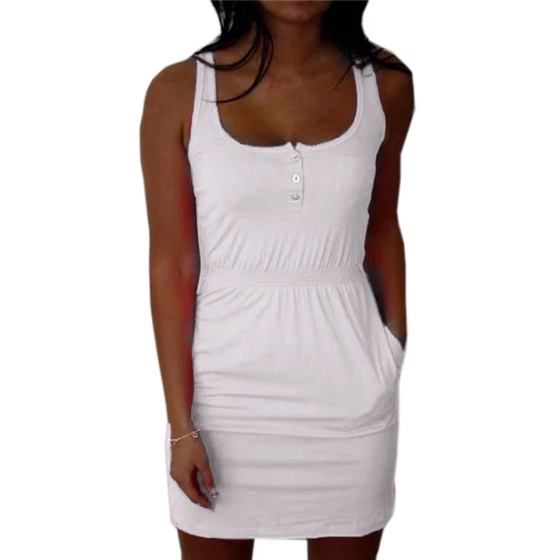 Sleeveless Mini Dresss Solid Plus Size Sexy Tank Tops Dress Low Cut