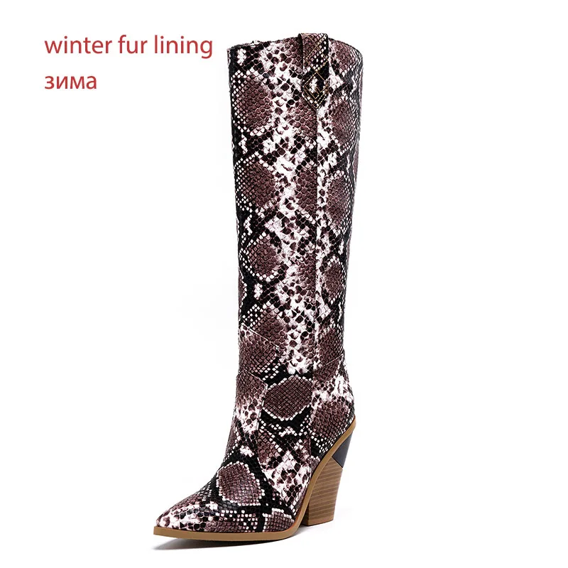 WETKISS Plus Size 46 Knee High Western Boots Women Cowboy Boot Female Pointed Toe Sexy Shoes 11 Colors High Heels Shoes Winter - Цвет: brown snakethick fur