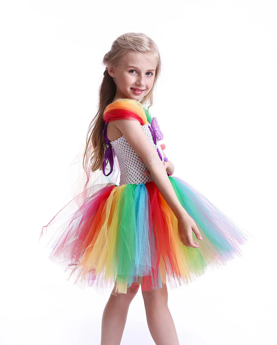 Girls Clown Rainbow Inspired Handmade Tutu Dress Colored Pom Poms Kids Party Dress for Birthday Outfit or Halloween Costume (9)
