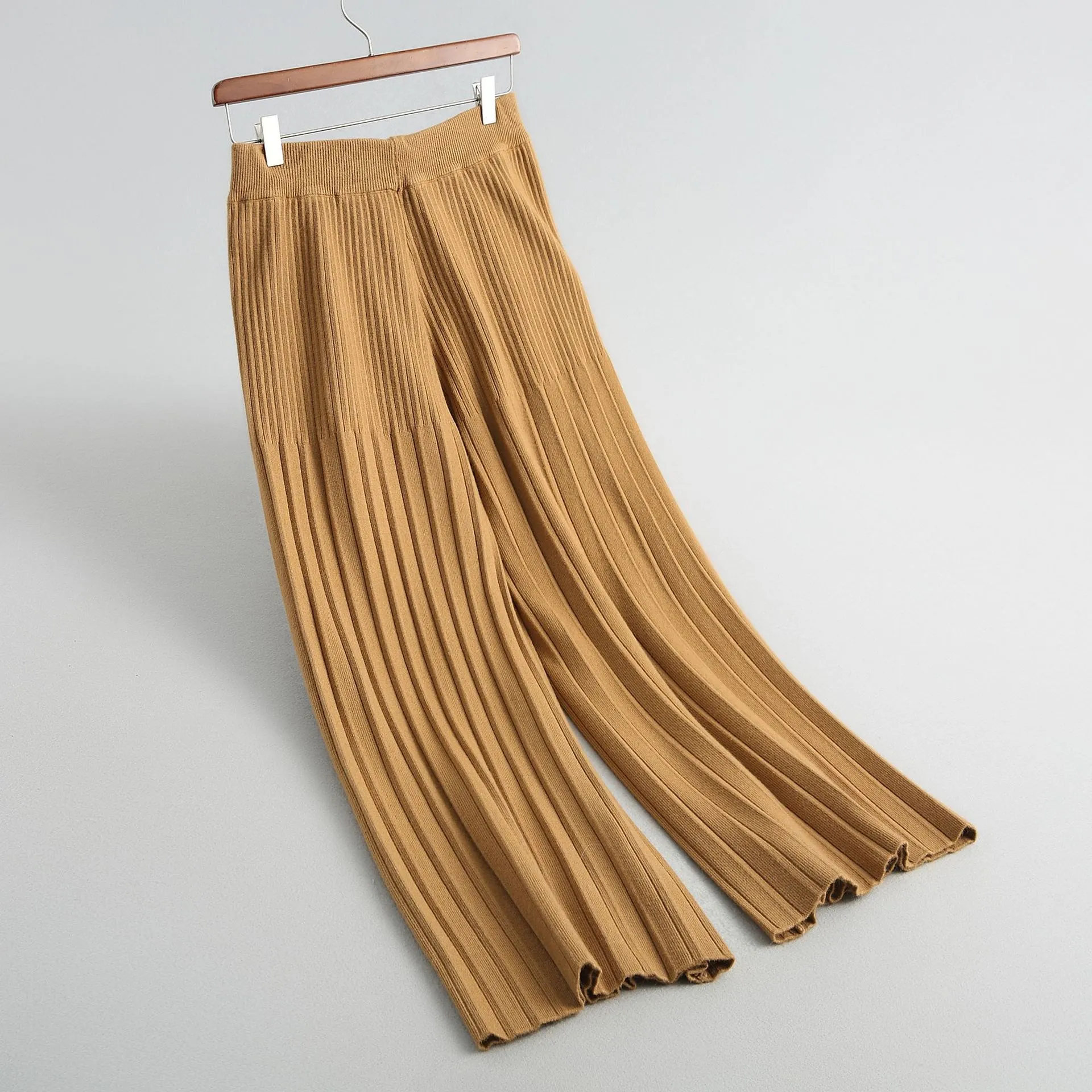 

Women Autumn Brief Solid Pleated Knitted Wide Leg Pants Knitwear Bottom Ladies Elegant High Waist Sweater Trousers