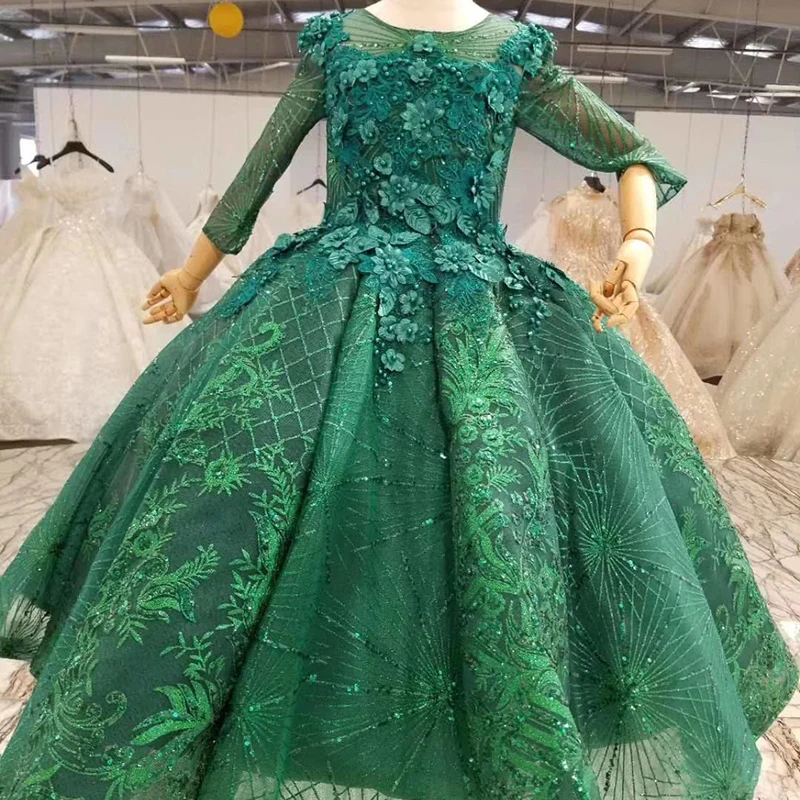 HTL0543 зеленое мусульманское платье для торжеств для девочек вечернее платье для первого причастия с круглым вырезом и объемными цветами для девочек vestidos floreados