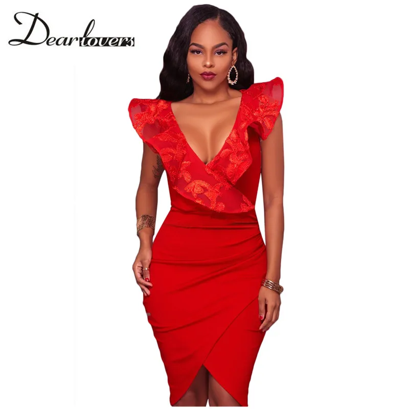 Dear lovers 2017 Sexy Women Club Dresses Red Ruffle V Neck Detail Midi