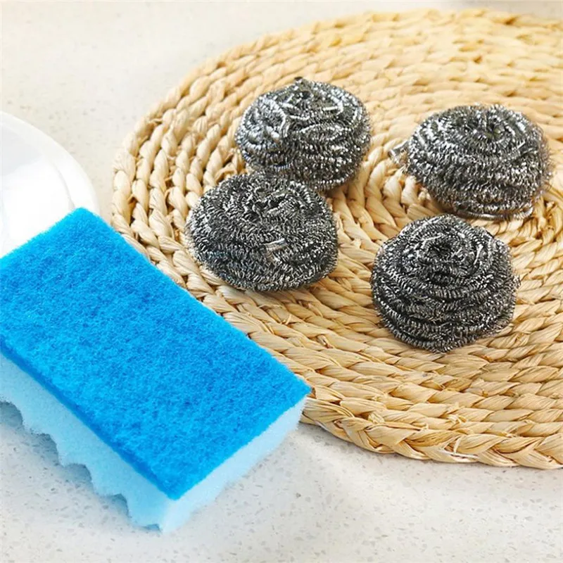 

5PCS Set Stainless Steel Wire Brush Ball+Sponge Kitchen Pot Tableware Cleaner Scrub Rust Remover Dish Cleaning Scrubber sale