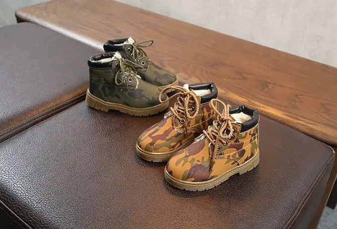 

Autumn Winter Kids Boys Camouflage Martin Boots PU Leather Waterproof Children Boots Winter Thick Plush Toddler Baby Shoes