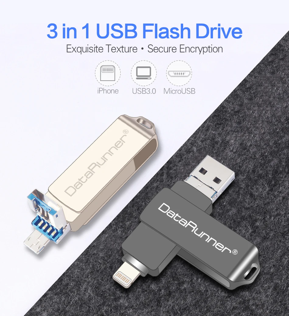 usb-накопитель DataRunner портативный флэш-накопитель для iPhone XS MAX/X/8 Plus 3 в 1 Micro usb-накопитель внешний накопитель