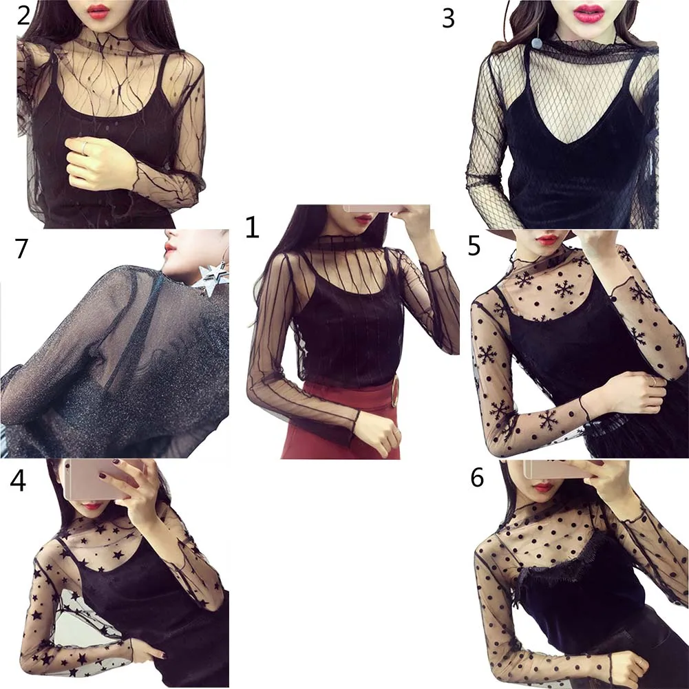 

Fashion Spring Autumn Women Sexy Mesh t-shirt Long Sleeve High Neck Tops Perspective Ladies Girls Casual T Shirts AIC88