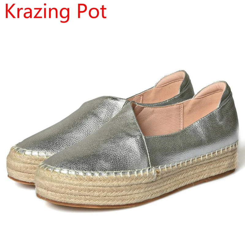 

Fashion Genuine Leather Shallow Round Toe Chinese Designer Loafer Sweet Increased Med Heels Women Straw Slip on Casual Shoes L71