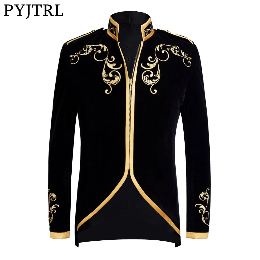 PYJTRL البريطانية نمط قصر الأمير الأزياء الأسود المخملية الذهب التطريز السترة الزفاف العريس يتأهل دعوى سترة المطربين معطف