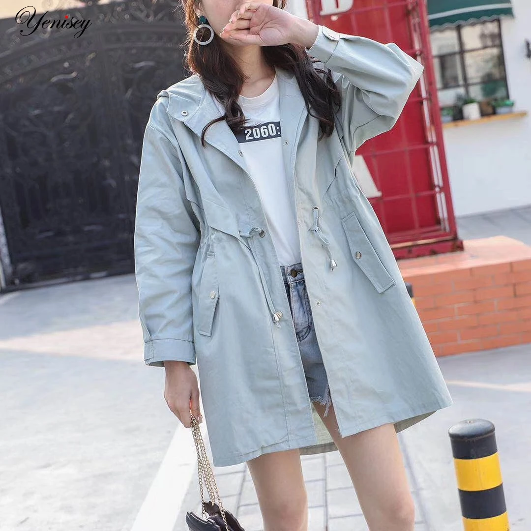 

Autumn Women Fashion Brand Korea Style Waist Belt Loose Khaki Color Trench Female Casual Elegant Soft Long Coat Cloth