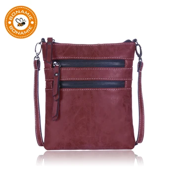 

BONAMIE Red Vintage Women Messenger Bag Handbag Lady Fashion Single Shoulder Bag Soft Leather Multi-pocket Female Crossbody Bag