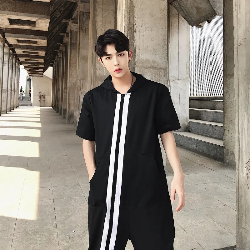 

2018 New Men clothing Hair Stylist fashion Catwalk Summer Caps short sleeved pants jumpsuit Overalls costumes