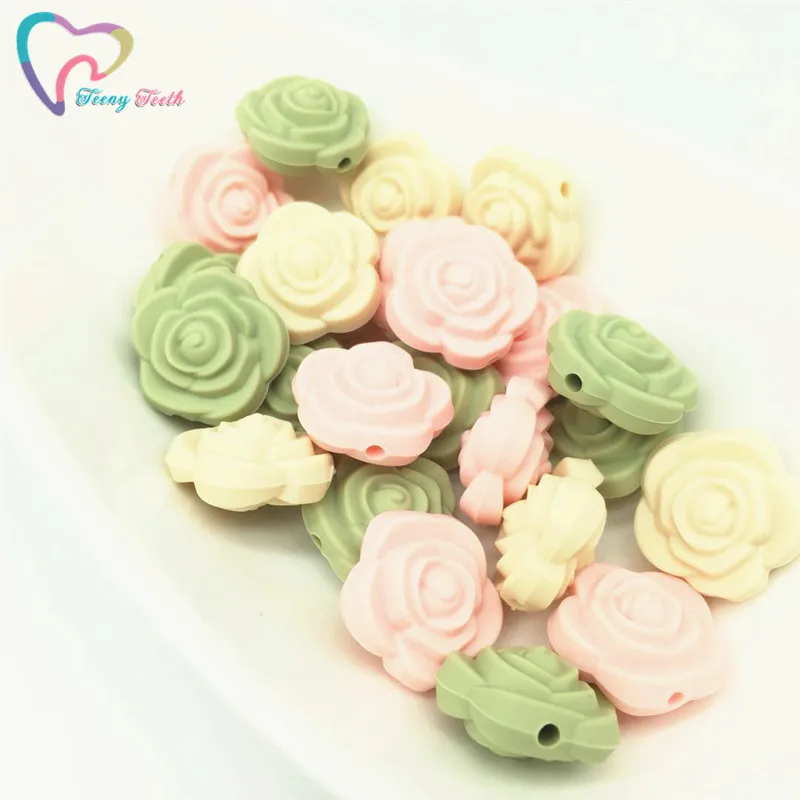 

9PCS Sage Green Combo Rose Flower Silicone Teething Beads Food Grade DIY Chewable Jewelry Necklace Bracelet Accessories BPA Free
