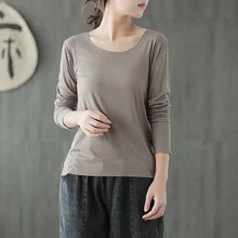 Осенняя Футболка женская облегающая Повседневная футболка Новая Однотонная футболка с круглым вырезом и длинными рукавами Mori girl модная Милая женская футболка
