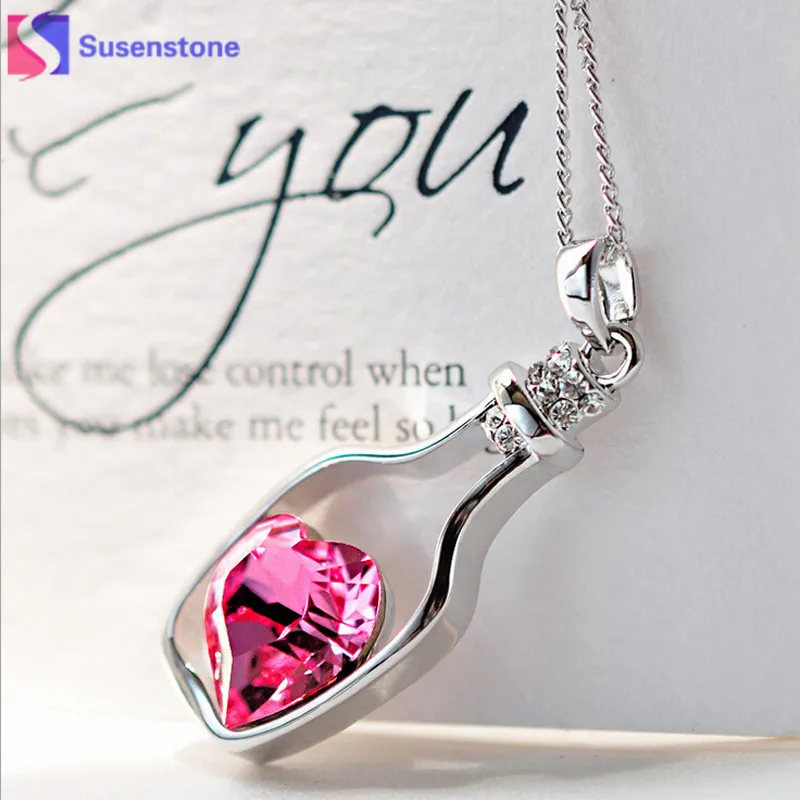 

3colors Heart Crystal Pendant Necklace Creative Women Necklace Ladies Popular Style Love Drift Bottles Pendant Necklace #2-3