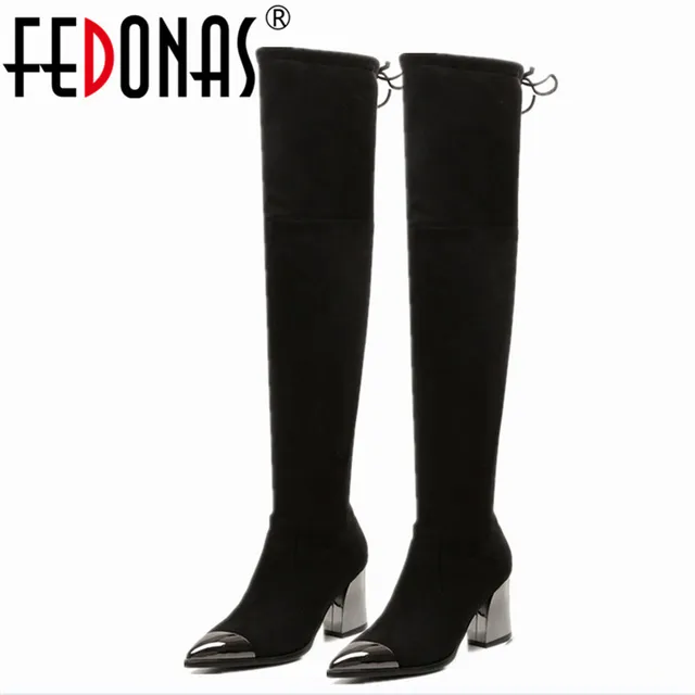 FEDONAS Metal Toe Thick Heel Genuine Leather Brand Over Knee Boots