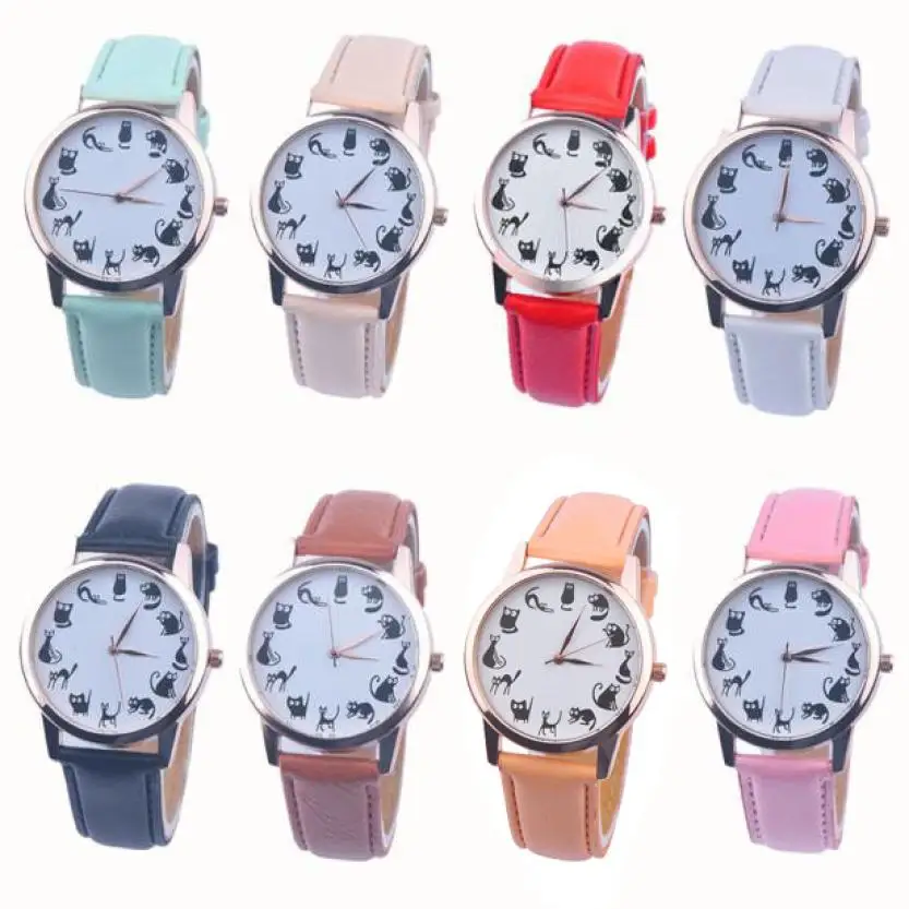 

Montre watches women fashion watch 2016 Luxury Cute Cat Pattern PU Leather Band Analog Quartz Vogue Wrist Watch relojes hombre