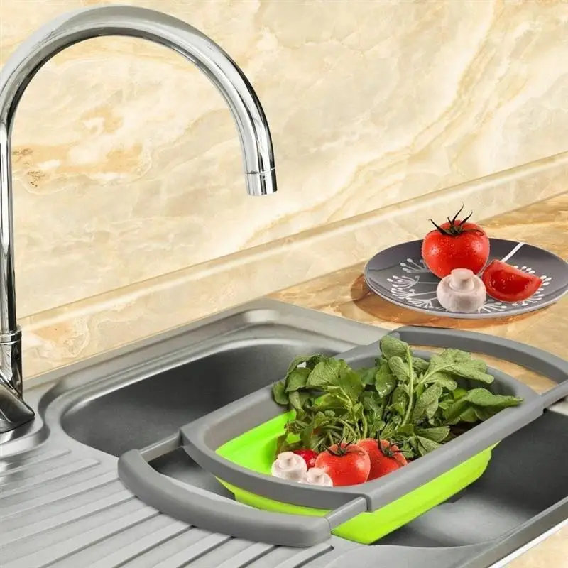 

Foldable Square Silicone Drain Basin Fruit Vegetable Washing Storage Basket Strainer Collapsible Drainer With Handle/KitchenTool