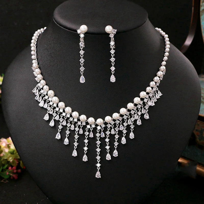 Cubic Zirconia Round Pearl Drill Noble Bridal Necklace Pendant Earrings Jewelry Rhinestones Wedding Accessories For Women Cubic Zirconia Round Pearl Drill Noble Bridal Necklace Pendant Earrings Jewelry Rhinestones Wedding Accessories For Women