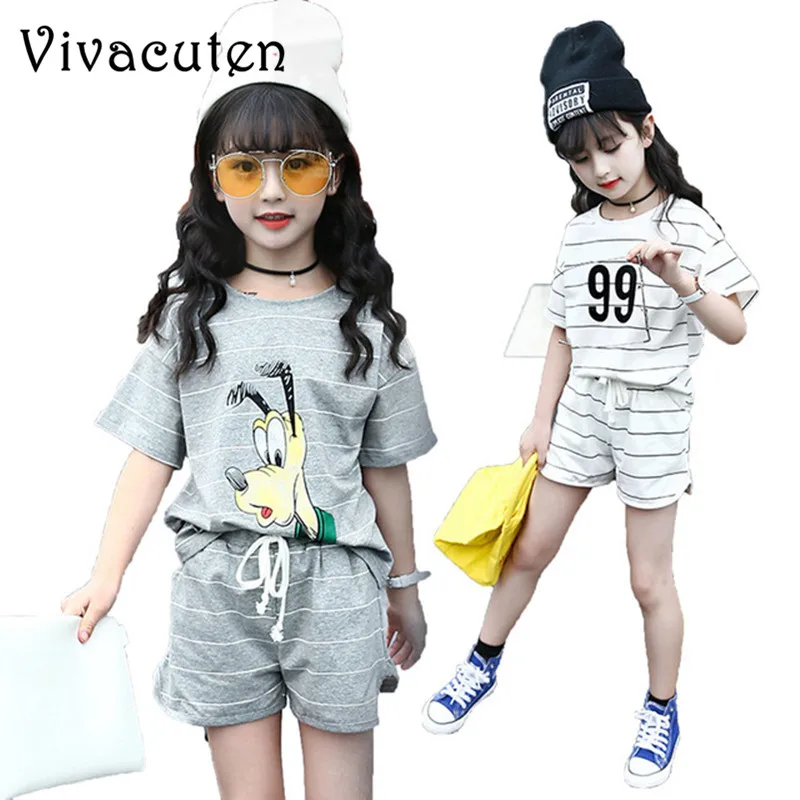 

Teenage Girls Clothing Sets Summer Fashion Striped Cartoon T-shirt + Shorts 2pcs Kids Tracksuit Children Sport Clothing Set H148