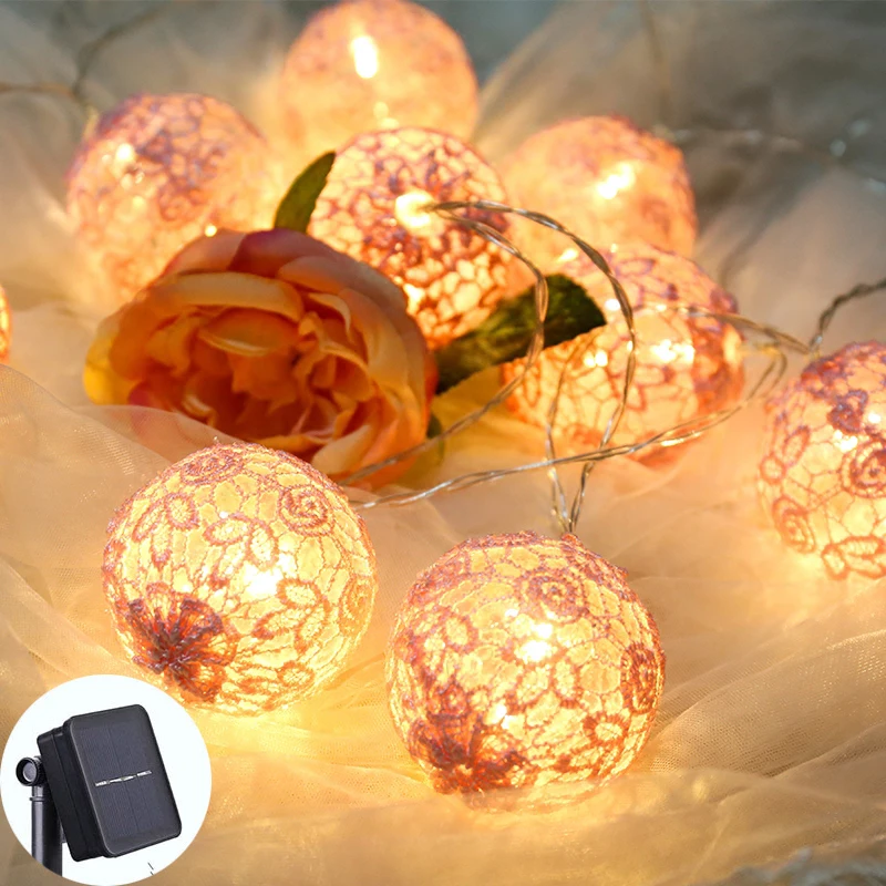 

6cm Pink Lace Ball Bulb Solar Lamp Power LED String Fairy Lights Solar Garlands Garden Christmas Decor For Outdoor luminaria