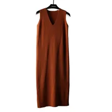 Платье-Свитер; сезон весна-осень; Свободный вязаный свитер с v-образным вырезом; Vestidos; Однотонный длинный джемпер без рукавов