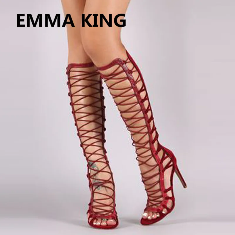 

New Sexy Open Toe Stilettos Ladies Gladiator Sandals Cutout Back Zipper Women's High Heels Shoes Woman Summer Knee High Boots