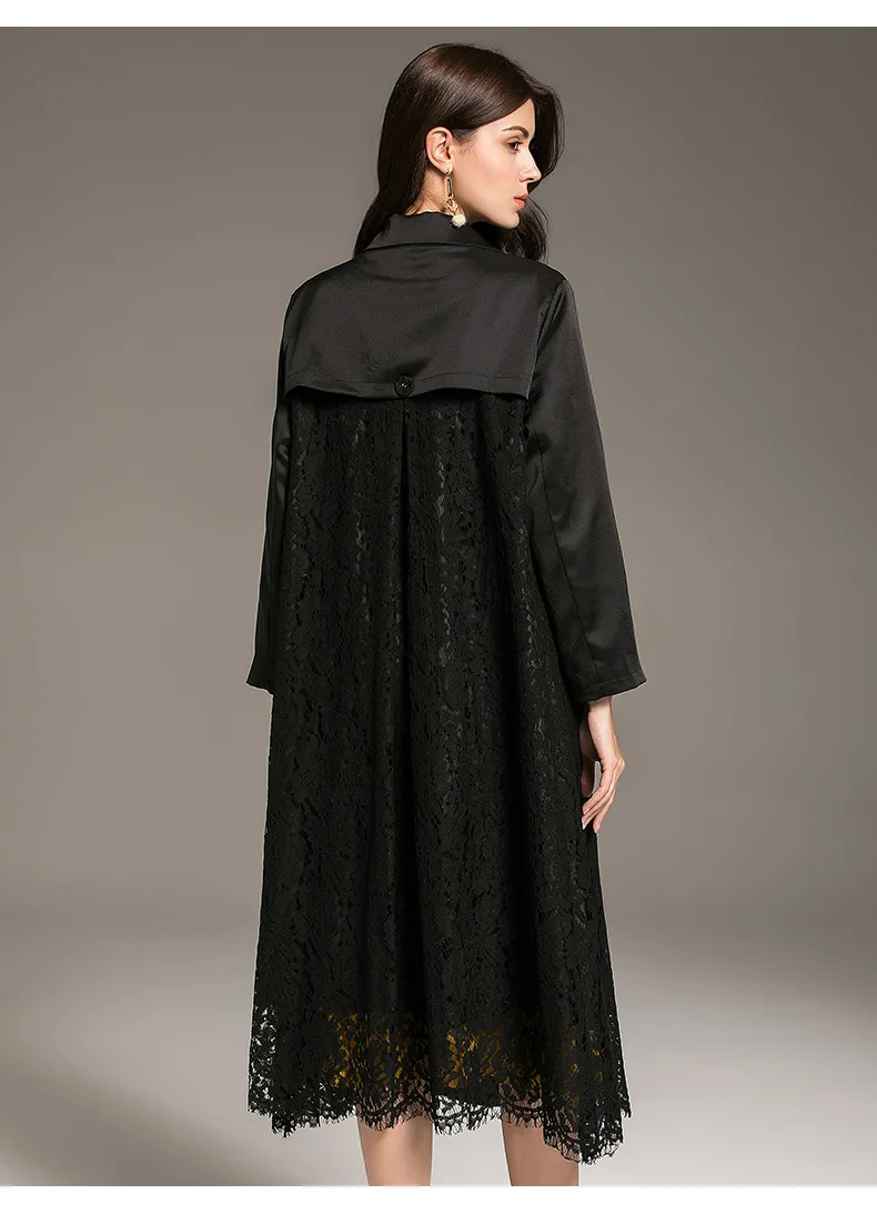 Осенняя мода новый кружева шить Большие размеры ветровка пальто женское однобортный случайные свободные негабаритных Тренч Верхняя