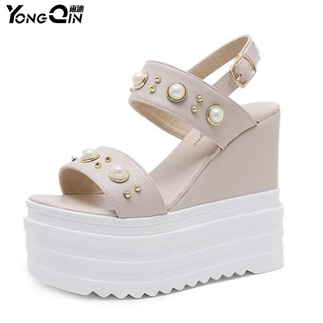 New Sexy Pearl Wedge Sandals Shoes 16CM High Heel Sandals Beautifu Women Sandals 