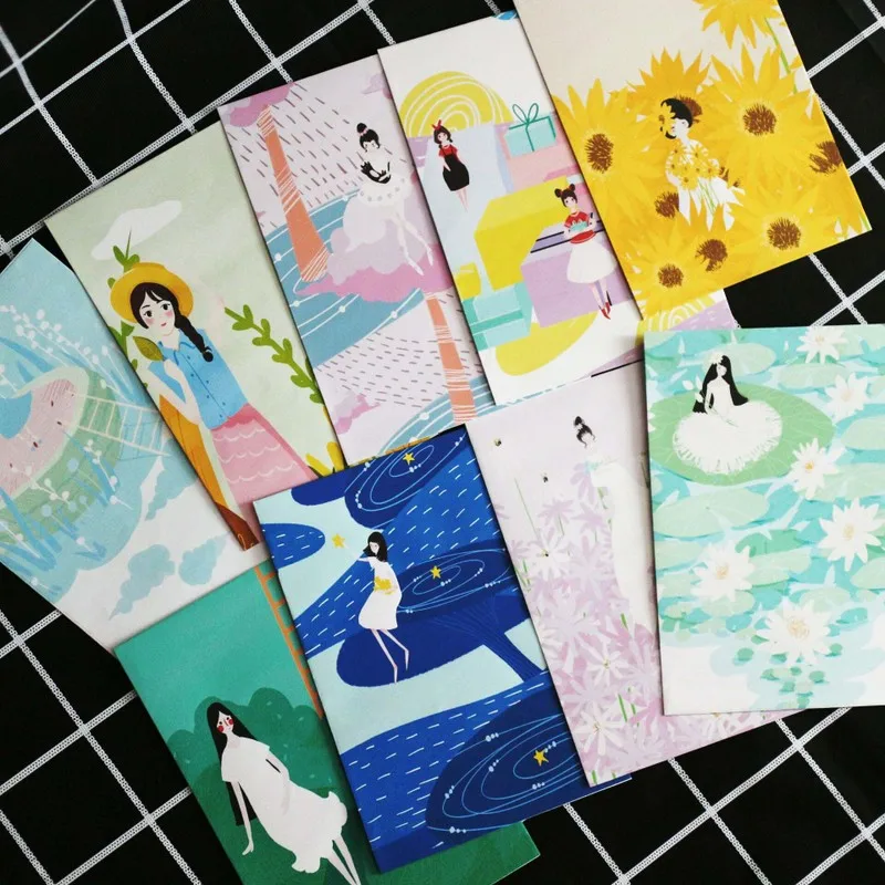 

1 Set = (8 Letters + 1 Envelope) Small Fresh Lotus Green Plant Girl Pattern Envelope Stationery Set Simple Cute Letter Bag