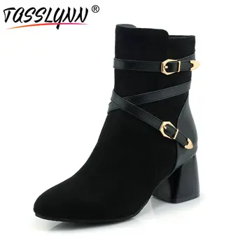 

TASSLYNN 2019 Autumn Women Boots Fashion Zipper Woman Shoes Hoof High Heel Cool Buckle Suede Ankle Boots Black Plus Size 34-43