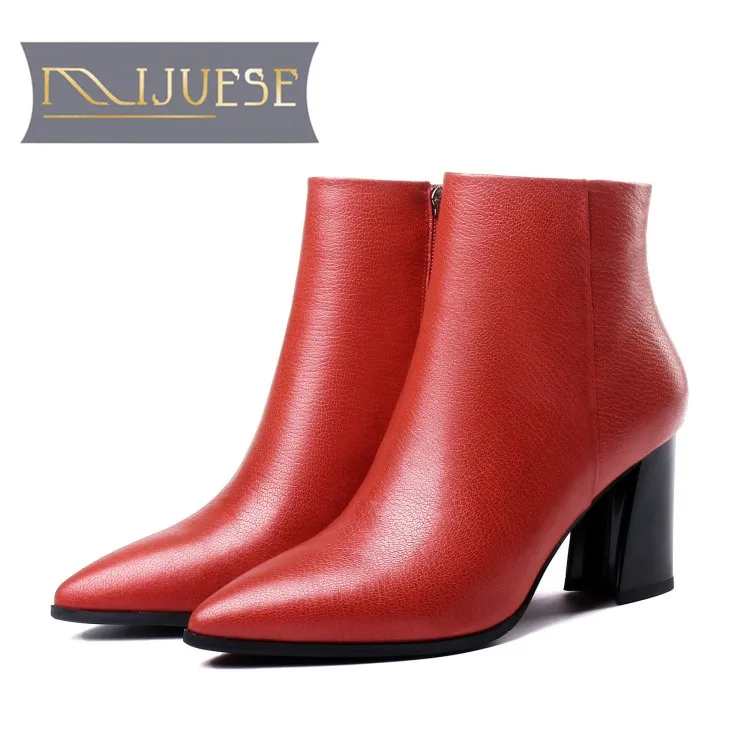 

MLJUESE 2019 women ankle boots cow leather red color winter short plush zippers high heels female motorcycle boots size 33-43