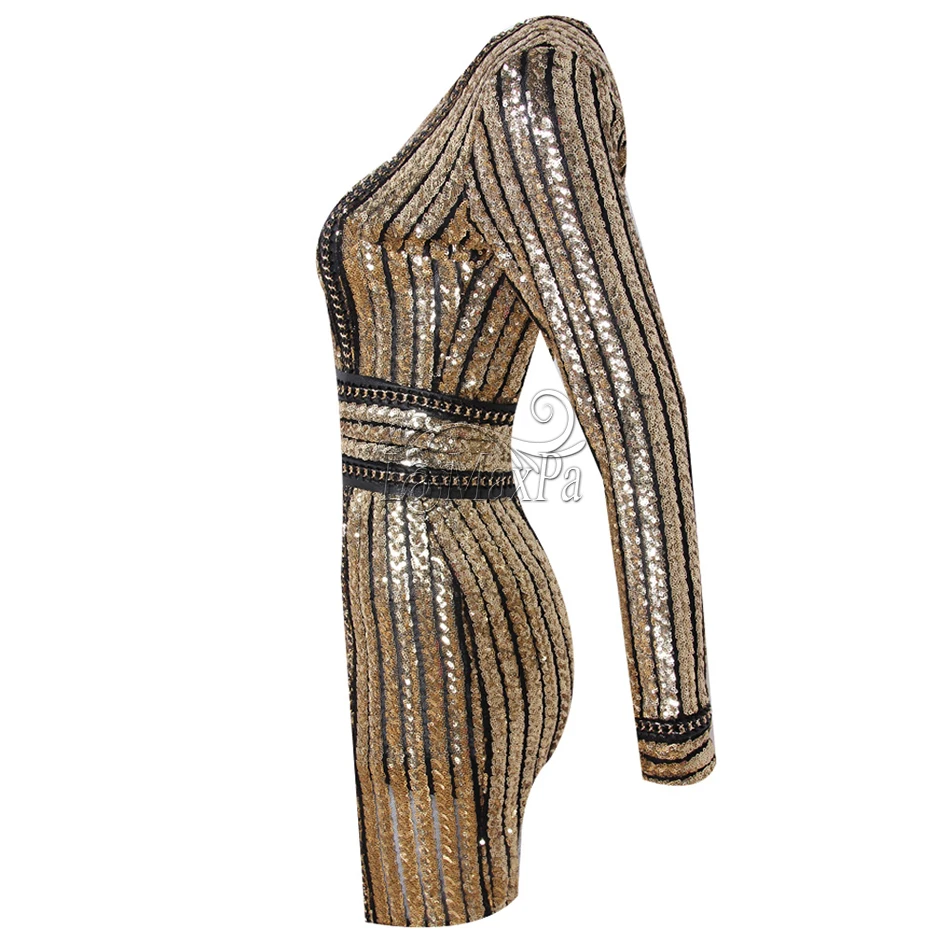 DEIVE-TEGER-Long-Sleeve-Gold-Twinkle-Metal-Sequins-stripes-Slimming-Belt-Bandage-Party-Dress-HL2407