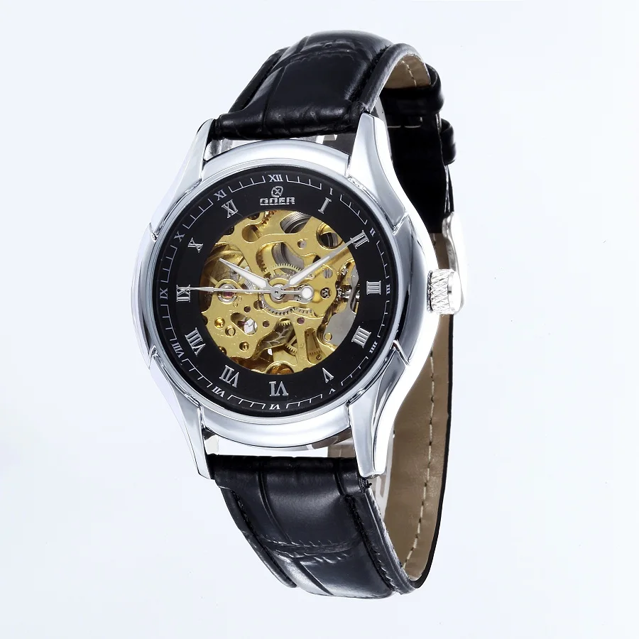 GOER brand Skeleton Men s wrist watches Leather mechanical waterproof movement Luminous man automatic watch