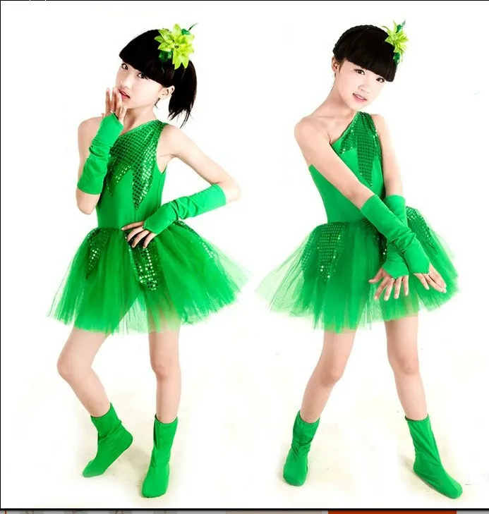 Children Latin Grass Performance Clothing Green Puffy Princess Dress Girls boy Jasmine Chorus Suit Modern Dance Ballet Dress