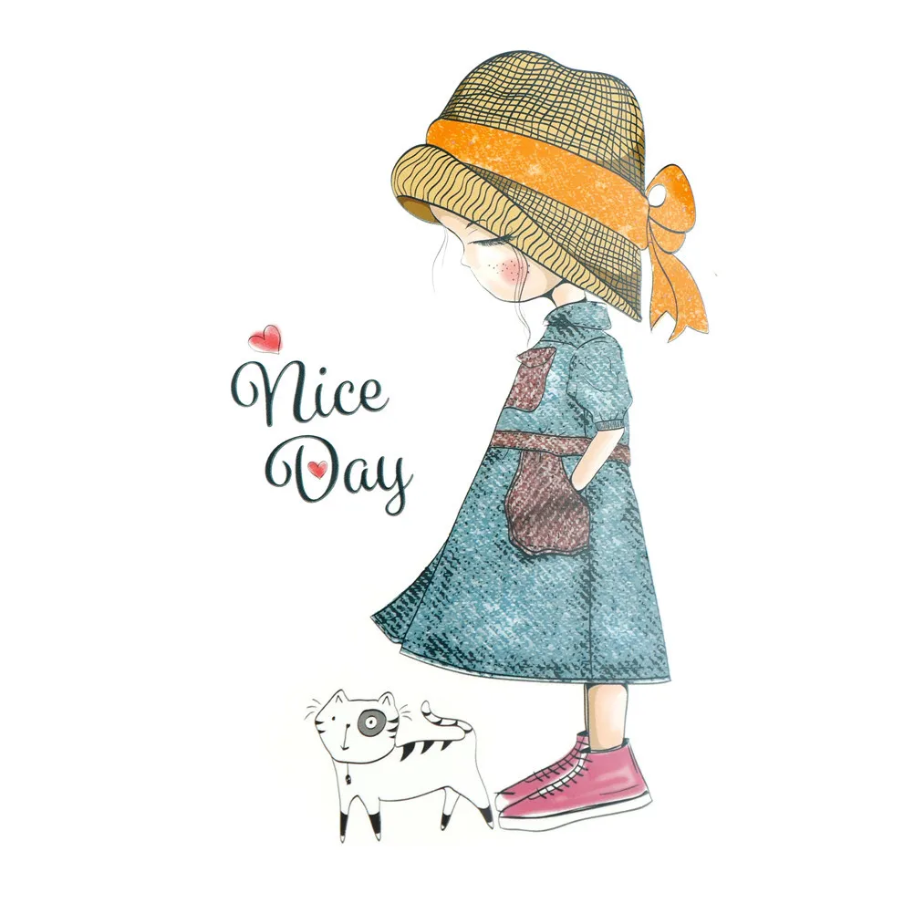 New 1PC Cute girl Heat Transfer NICE DAY Patch Ironing Stickers Iron On Patches A-plus Washable Appliques 10.6*18.6cm
