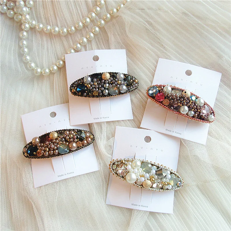 

French Fashion Luxury Rhinestones Imitation Pearl Spring Clip Girl Women Temperament Exquisite Crystal Hair Accessories