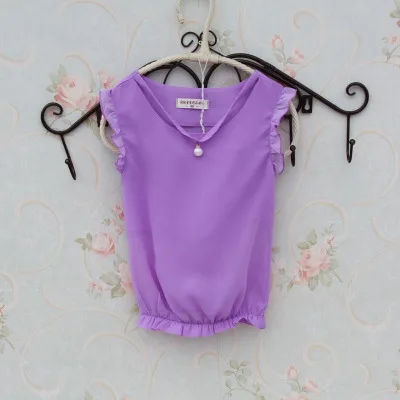 Летняя детская блузка без рукавов из шифона, коллекция года рубашки с жемчугом для девочек, повседневные школьные блузы и топы для подростков - Цвет: Purple