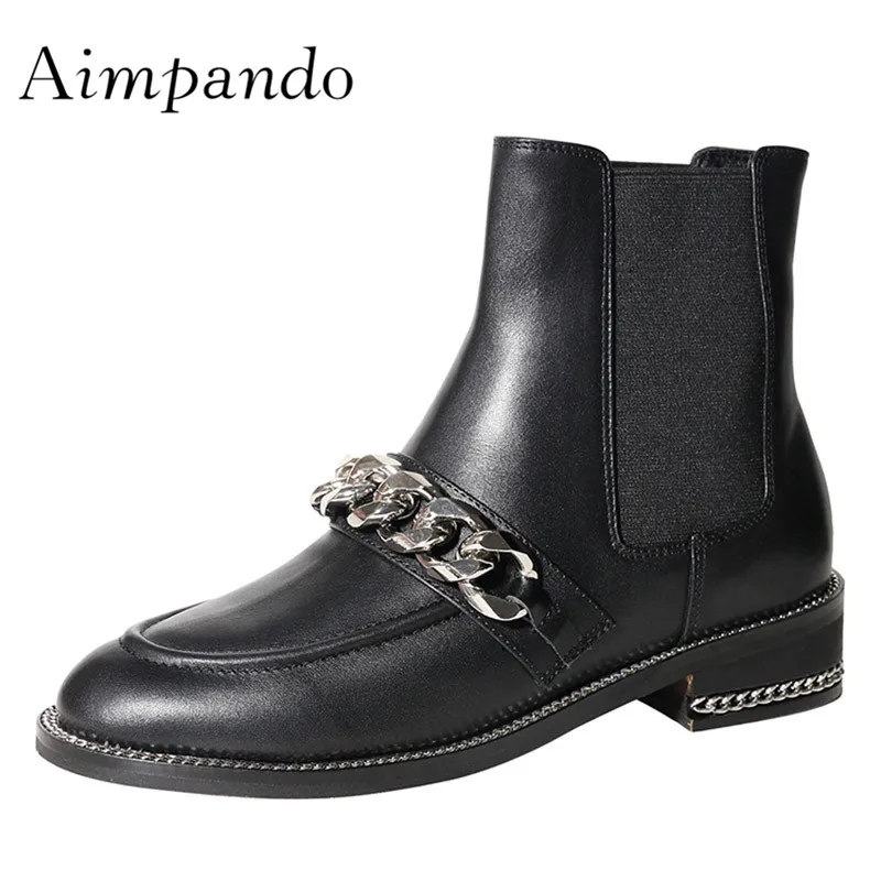 

2019 Chic Real Leather Black Ankle Boots Woman Round Toe Silver Chain Decor Chelsea Boots Women Fashion Martin Boots