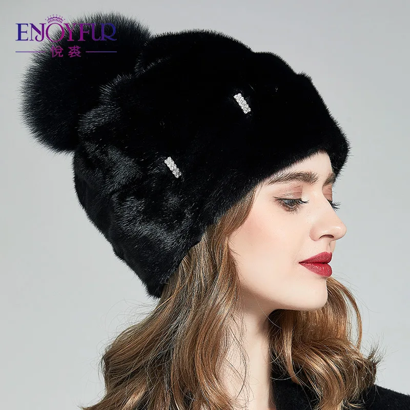 NJOYFUR вся норки зима Шапки для Для женщин роскошный помпон натуральный мех Кепки