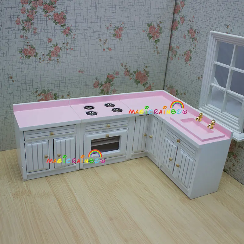 

1 12 Scale Dollhouse Furniture Cupboard Cabinet Pink Wooden Kitchen For Bjd Doll Toys Range Furniture Cookstove Oven Sink