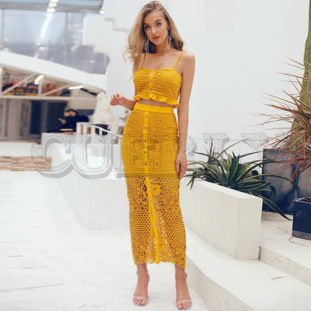 

CUERLY Hollow out bodycon midi women summer dress Embroidery two-piece co-ord button female sundress Elegant holiday vestidos