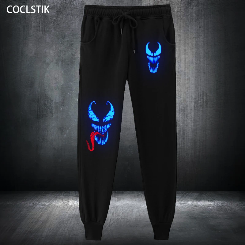 

100% Cotton Spring/Summer Mens Fluorescent Venom Pants Male Movie Black SpiderJogger Pants Eddie Drastring Sweatpants Trouser