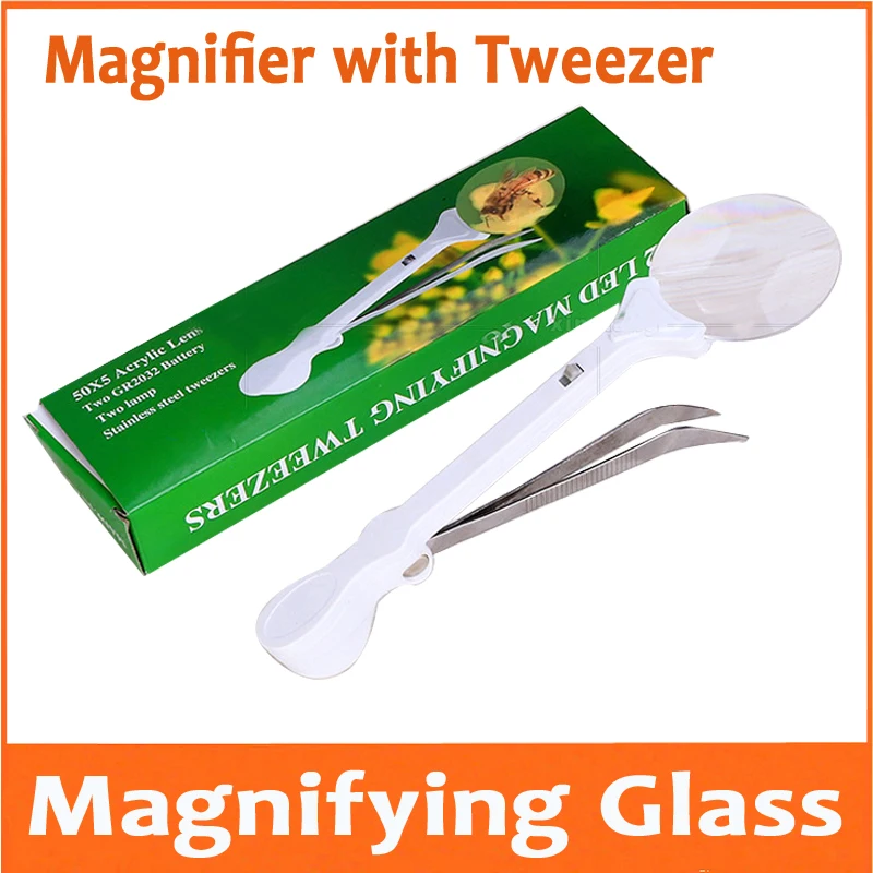 

5X tweezers stainless steel clip Magnifie Glasses Handheld 5 times magnifying glass for Jewellery Jade inspection observation