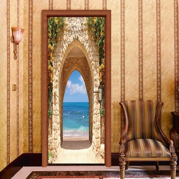 

2pcs/set Sea Arches Stone Door Stickers Landscape Style Wallpaper Bedroom Living Room Waterproof Decals Home Decor