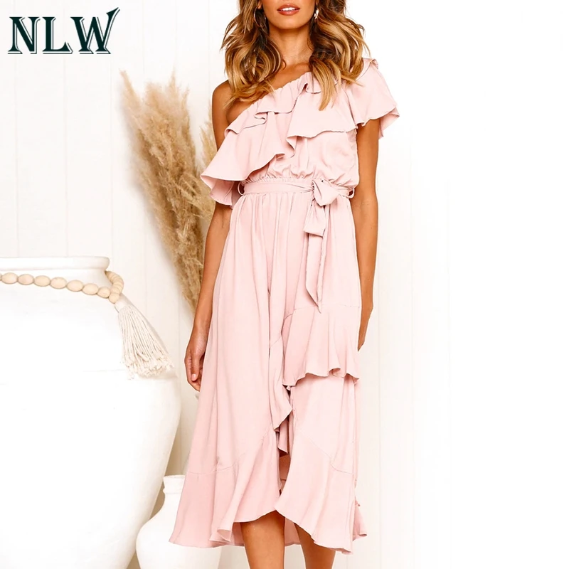 NLW светильник, розовое Элегантное летнее женское платье с рюшами, платья для вечеринок на одно плечо, высокая мода, Пляжное длинное платье, Vestidos, новинка