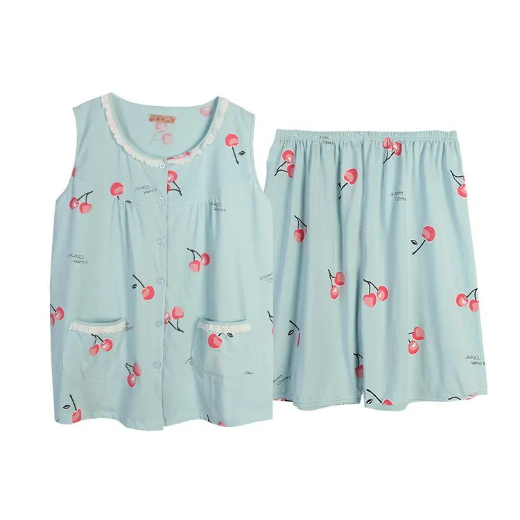 Плюс размер 130 кг XXXXXL милые вишневые Шорты пижамные наборы женские летние тонкие хлопок без рукавов женские пижамы Большие размеры