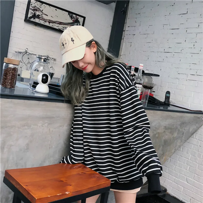 Hoodies Women Striped Korean Style High Quality Harajuku Loose O-Neck Womens Pullover Soft Thin Stu