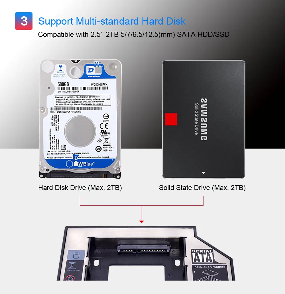 CHIPAL Универсальный SATA 3,0 2nd HDD Caddy 12,7 мм для 2," 2 ТБ чехол для SSD, HDD корпус+ светодиодный индикатор для ноутбука CD-ROM DVD-ROM ODD