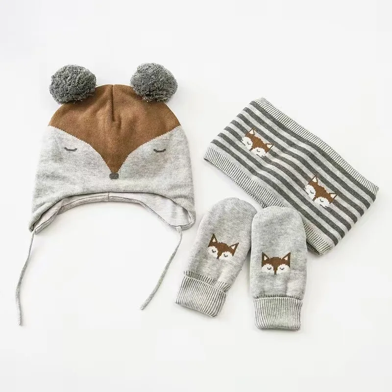 Хлопковая детская шапка + шарф перчатки с вышивкой Little Fox вязаные детские шапочки